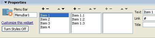 spry menubar properties